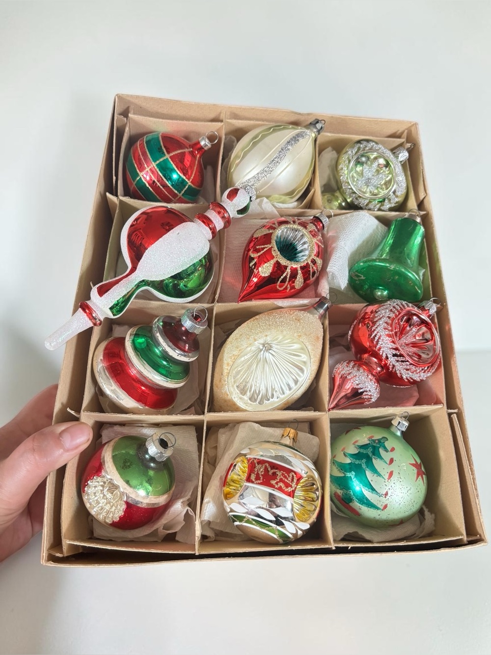 Vintage Glass Christmas Ornaments Lot 12 Indent Reflector Finial MCM Boxed